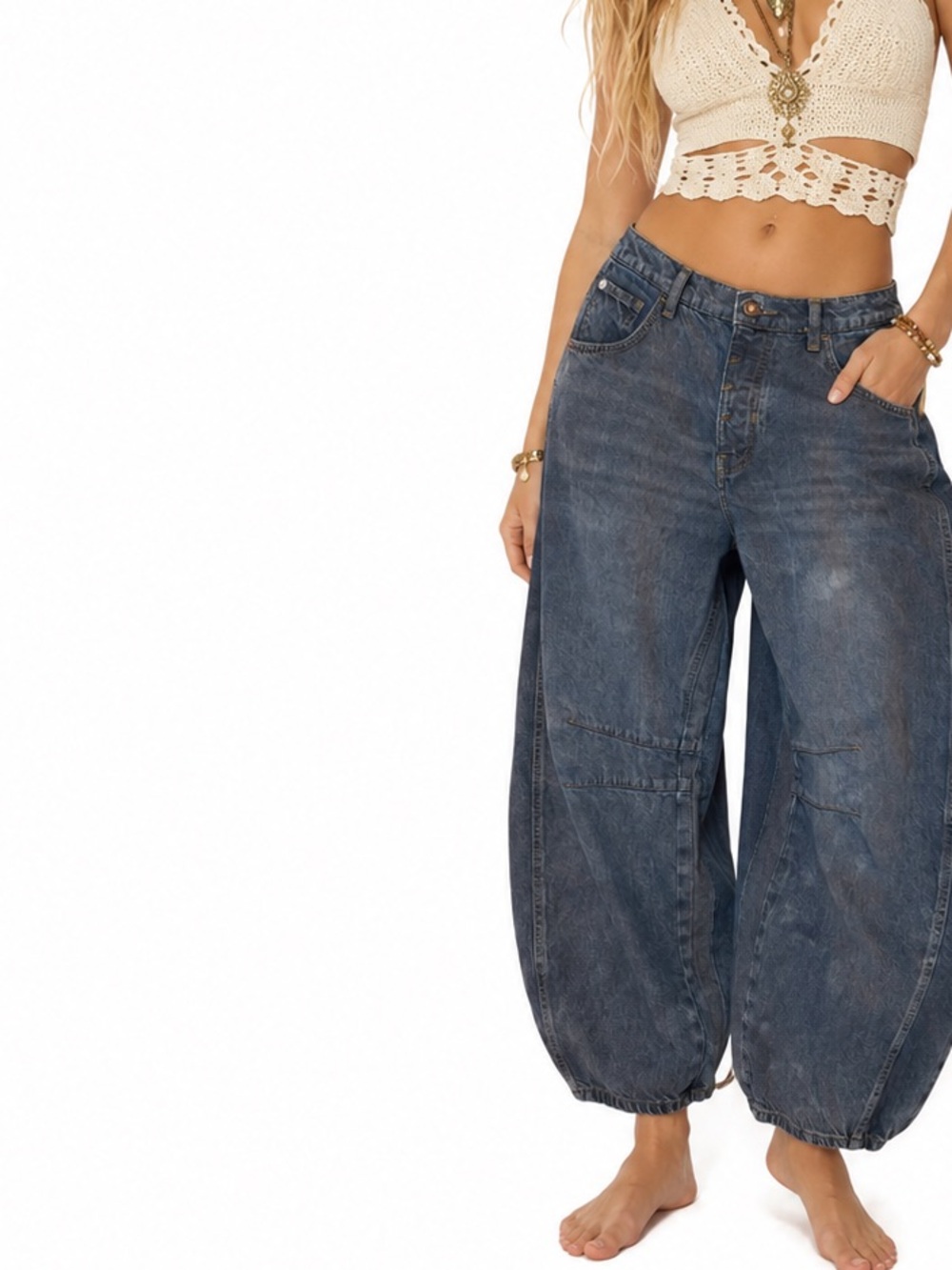 We The Free Good Luck Mid-Rise Barrel Jeans Size 27 Splatter Gray Baggy Wide Leg